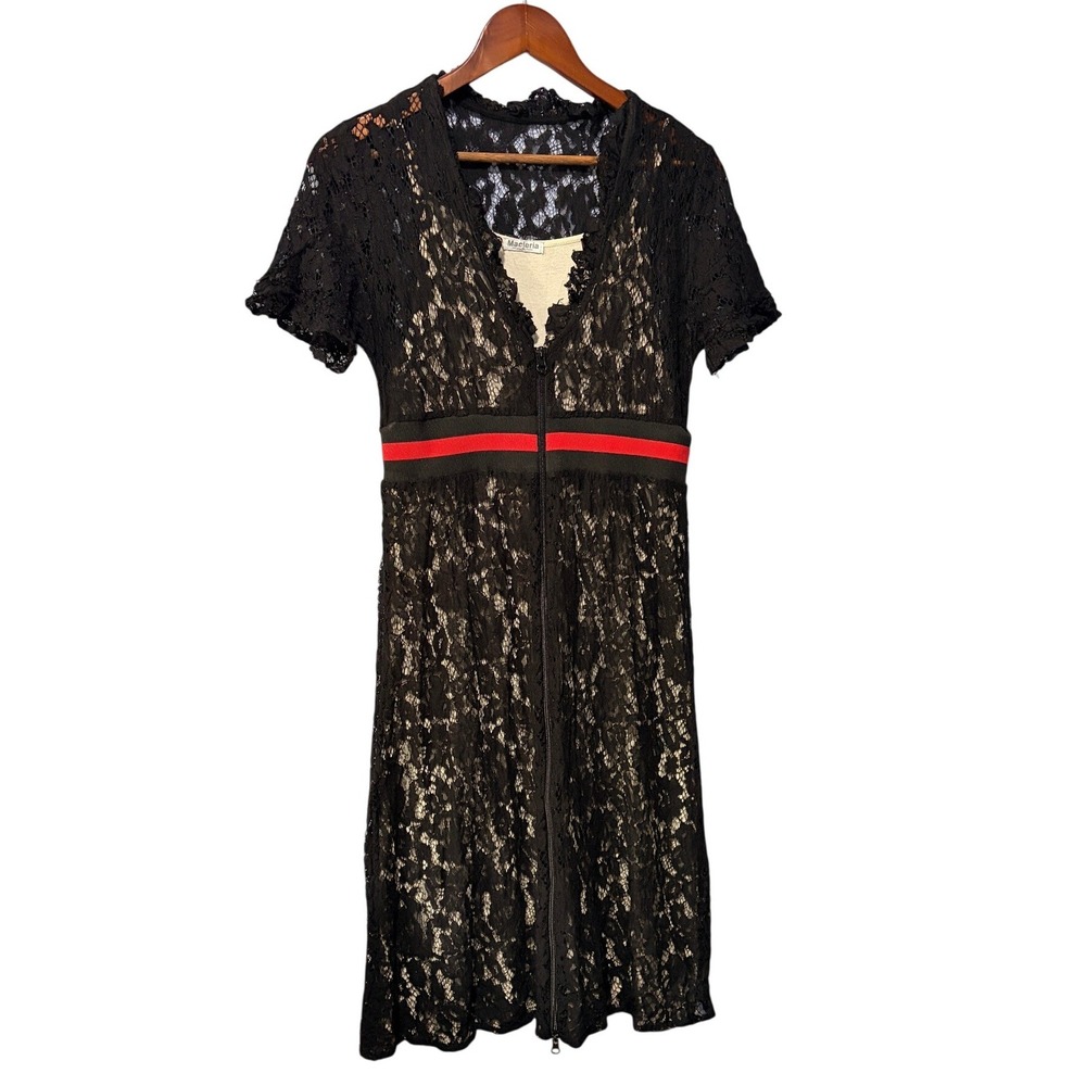 Macleria Black Floral Lace Short Sleeve Zip Front Dress Striped Waist L/XL